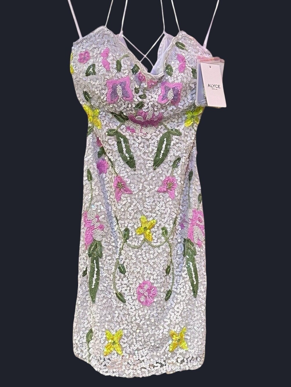 Alyce Paris 2 White Dress Sequin Floral Beaded Spaghetti Strap Lace-Up NWT